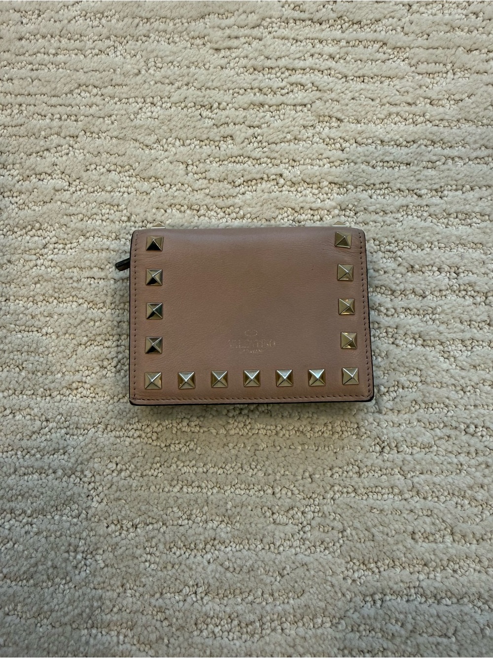 Valentino Rockstud compact wallet powder pink gold studs $520